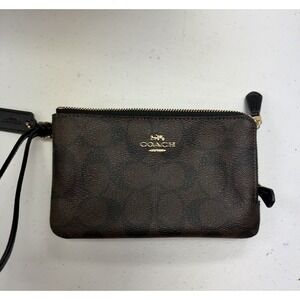 Coach Double Corner Zip Wristlet Classic Walnut & Black NWOT